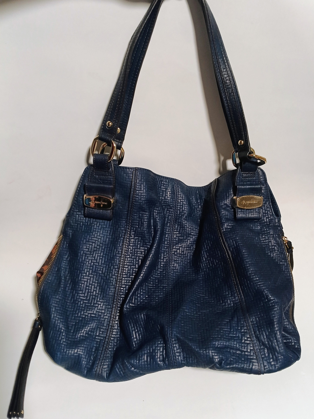 B. Makowsky Navy Blue Textured Genuine Leather Shoulder Tote Bag Pre-owned.